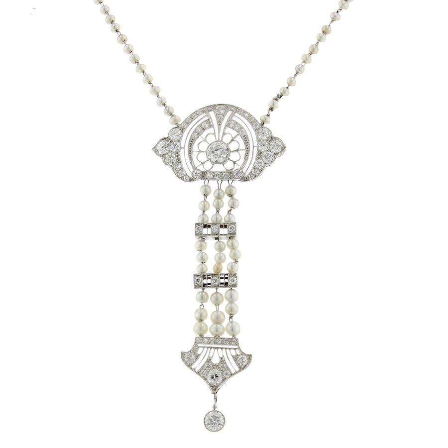 Edwardian Diamond and Natural Seed Pearl Necklace