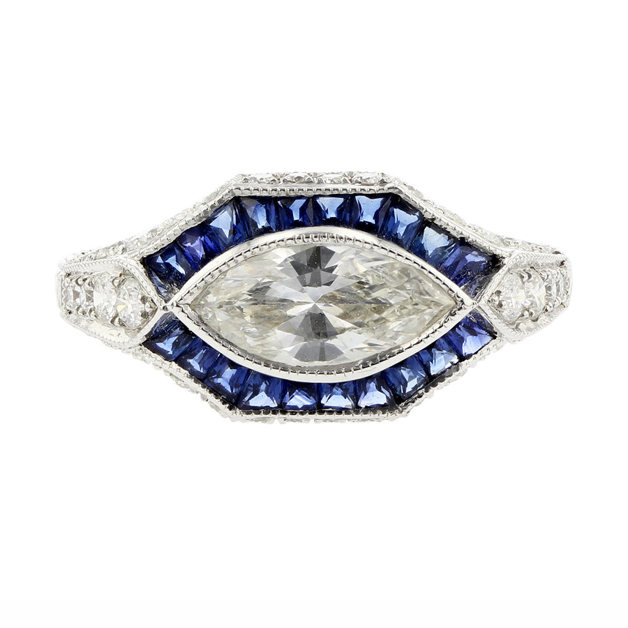 Marquise Diamond and Sapphire Art Deco Style Ring