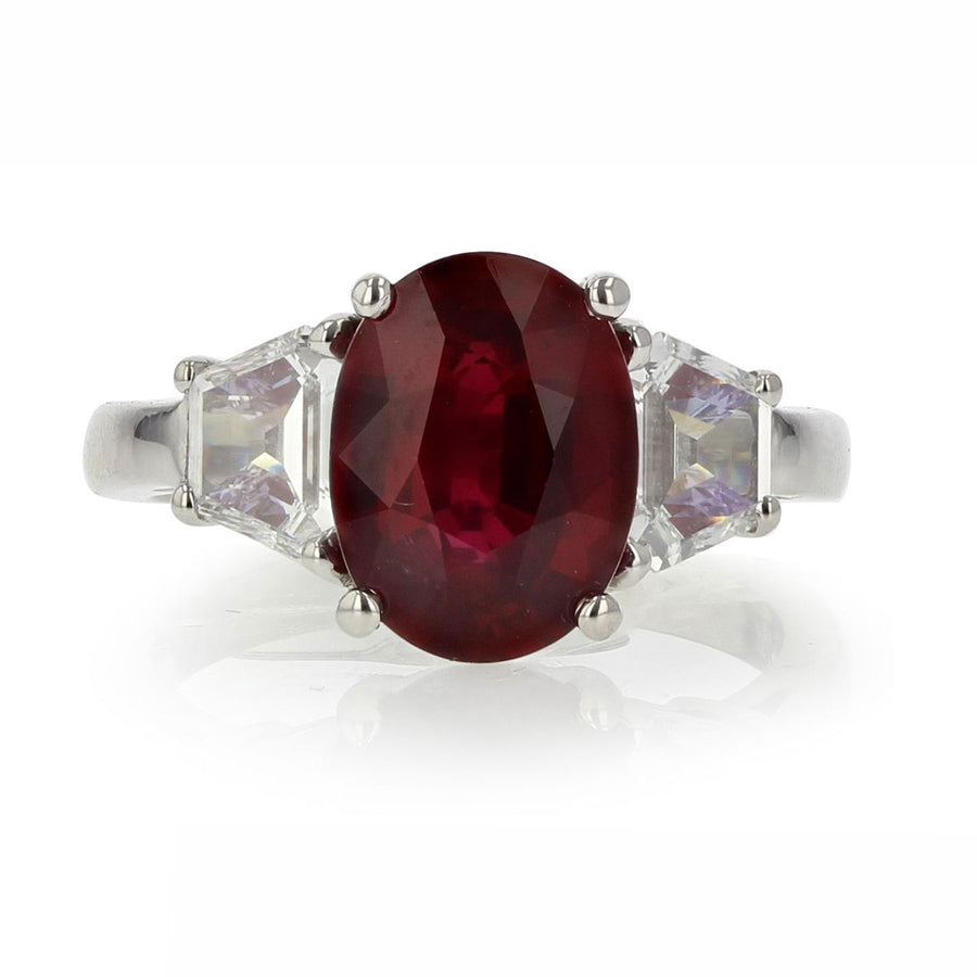 Platinum Oval Ruby and Diamond 3-Stone Ring