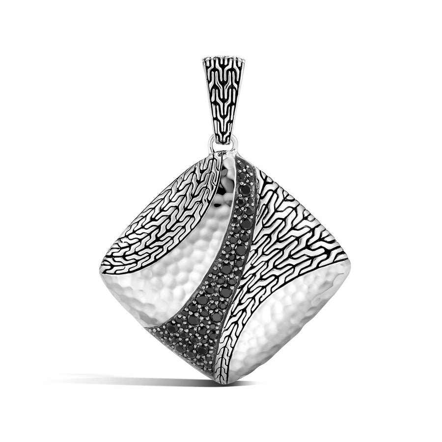 Classic Chain Hammered Silver Square Pendant with Treated Black Sapphire and Black Spinel