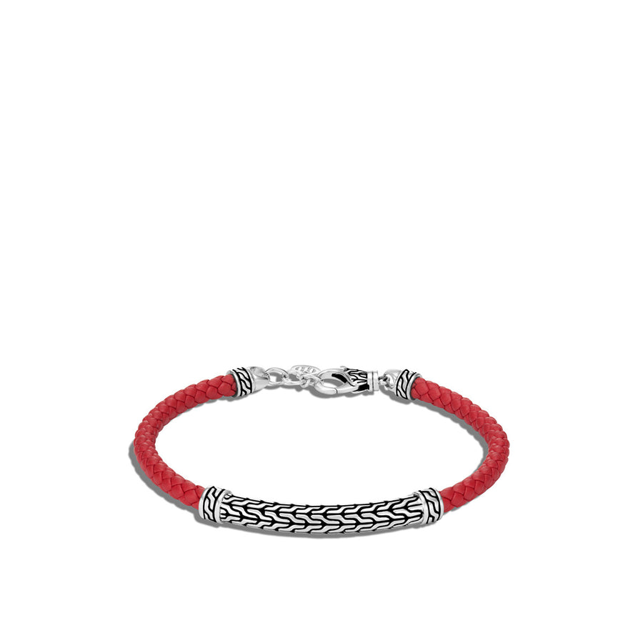 Classic Chain Silver Station Bracelet on Red Woven Leather